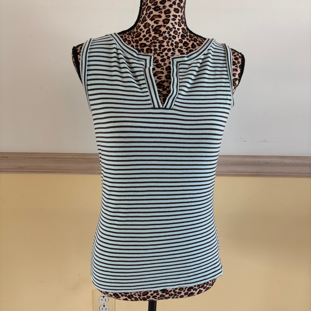 Ann Taylor Womens Small Blue Striped Sleeveless Notched V-Neck Cotton Knit Top